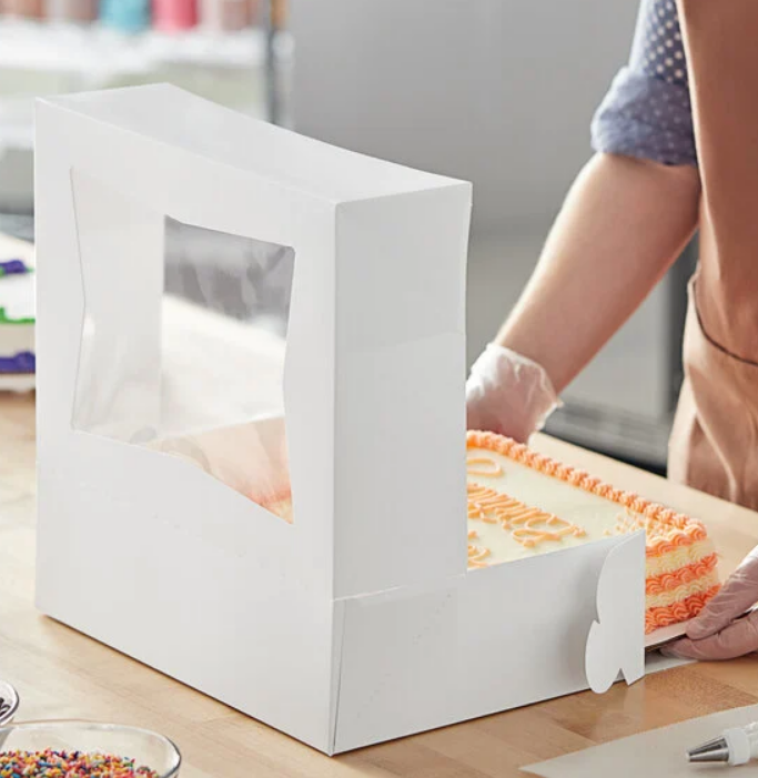 Baker's Lane 14" x 10" x 4" White Customizable Quarter Sheet Auto-Popup Window Cake / Bakery Box - 1000/Case